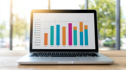 Laptop with graph analysis, bright window background, workplace setting.