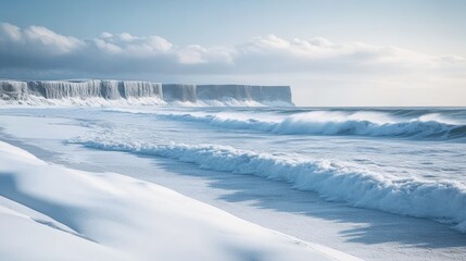 Wall Mural - A snowy coastline with gentle waves lapping against the icy shore, with distant cliffs rising above the winter sea