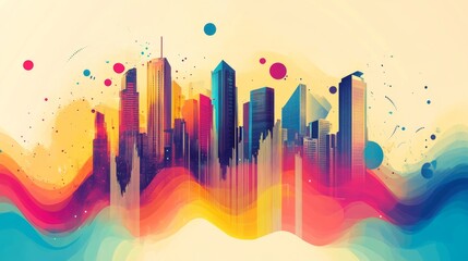 Aufkleber - A creative illustration of a business graph morphing into a city skyline, symbolizing economic growth and development, with vibrant colors and dynamic lines, capturing the essence of finance