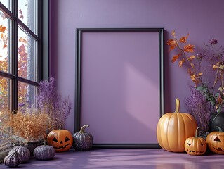 Vertical art frame on the floor, purple wall, room decorated with halloween themed decor, close up of frame, full view, mockup