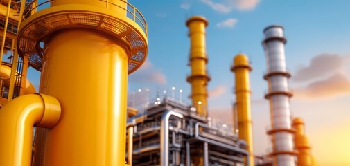 A close-up view of industrial pipes against a sunset, showcasing modern engineering in an oil and gas facility.