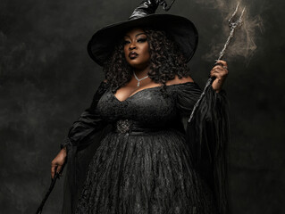 Glamorous Black woman wearing a witch hat and black dress in a Halloween setting