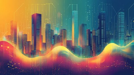 Aufkleber - A creative illustration of a business graph morphing into a city skyline, symbolizing economic growth and development, with vibrant colors and dynamic lines, capturing the essence of finance
