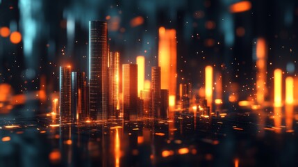 Poster - A creative representation of multiple 3D bar graphs forming a city skyline, with lights and reflections, symbolizing the intersection of finance, growth, and urban development.