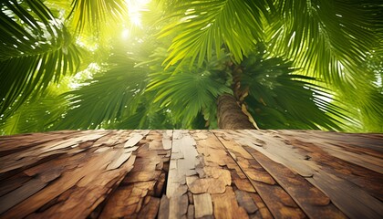 Wall Mural - Rustic Wooden Tabletop Surrounded by Vibrant Greenery