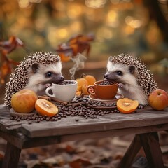 Two hedgehogs enjoying coffee and fruits on a rustic table in a cozy autumn setting