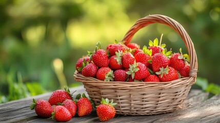 Wall Mural - A basket full of vibrant red strawberries resting on a wooden table, evoking the essence of a fruitful harvest.