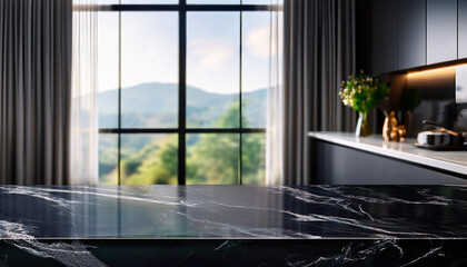 Wall Mural - Empty black marble stone table top and blurred of interior room with window view from green tree garden background background - can used for display or montage your products.