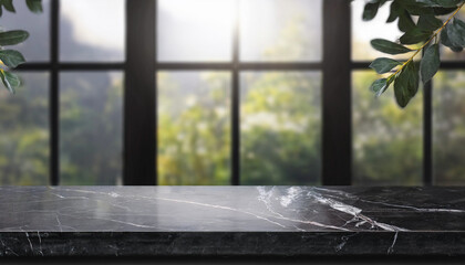 Empty black marble stone table top and blurred of interior room with window view from green tree garden background background - can used for display or montage your products.