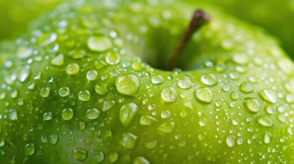 Wall Mural - Closeup macro view of fresh green apple with water drops