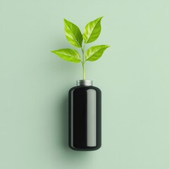 Canvas Print - Green Leaf Growing From Black Bottle on Green Background.