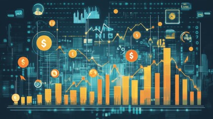 Leinwandbilder - A digital illustration of a stock market graph showing upward trends, surrounded by financial icons like currency symbols and investment charts, emphasizing the dynamic nature of finance.