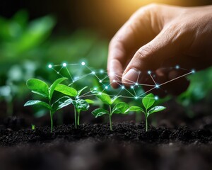 Hand nurturing young plants with digital connections in a green environment.