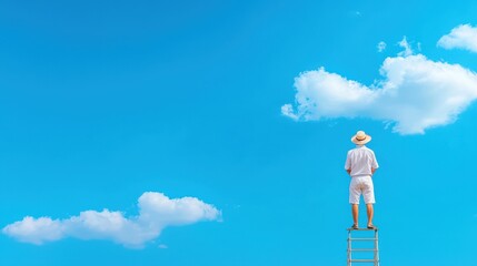 Person on a ladder looking at a clear blue sky with fluffy clouds.