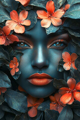 Aufkleber - A portrait designed with vibrant flowers and leaves,