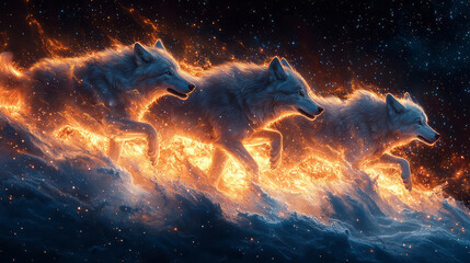 Aufkleber - A transparent wolf pack running under the stars,
