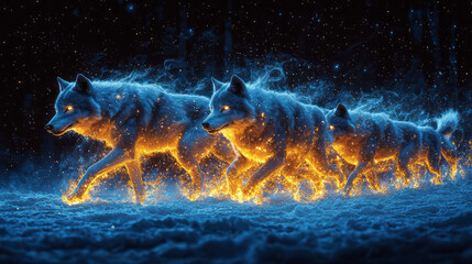 Leinwandbilder - A transparent wolf pack running under the stars,