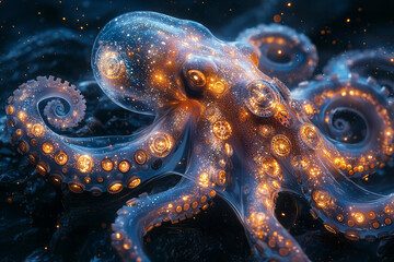 Aufkleber - A translucent octopus with glowing gears and star systems floating inside its body,