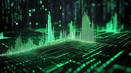 Abstract digital data visualization with green fluctuating bars and binary background representing technology and data analysis.