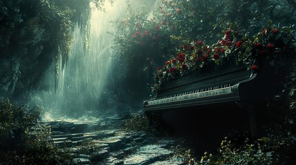 Wall Mural - Enchanted Waterfall Piano: A Mystical Forest Scene