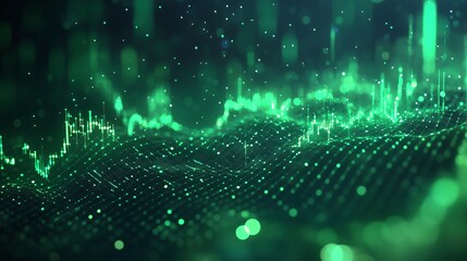 Wall Mural - Abstract digital data visualization with green waveforms and particles, creating a futuristic look.