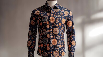 Wall Mural - Amazing men's slim-fit batik shirt featuring delicate floral and buterfly motifs in earthy tones, designed with a fitted silhouette, displayed on a mannequin against a crisp white background