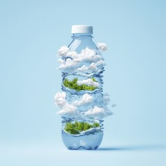 Sticker - Water Bottle with Clouds and Green Trees Inside.