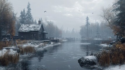 Canvas Print - Winter Cabin by a Frozen Lake: Peaceful Landscape Photography