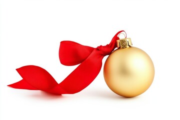 Poster - Christmas ball with ribbon and bow, isolated on a red background.