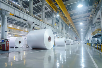 Wall Mural - Modern Industrial Paper Mill with Large Paper Rolls and Clean Setup  