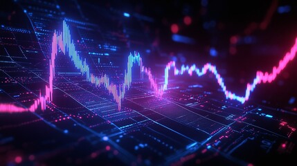 Abstract digital financial chart with glowing blue and pink lines on a dark background, representing market trends and fluctuations.