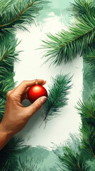 A hand is placing a bright red ornament surrounded by lush pine branches in preparation for festive Christmas decorations