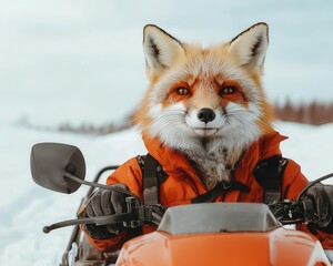 Wall Mural - A fox riding a snowmobile pulling a sled full of snowshoes, forest guide, prepared for any terrain