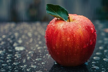 Wall Mural - A red apple with a green leaf on top is sitting on a wet surface