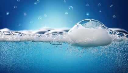 Poster - Close-Up of Glowing Soap Bubbles on Water Surface Against Vibrant Blue Background, Capturing the Ethereal Beauty and Transparency of Foam Forming an Iridescent Layer