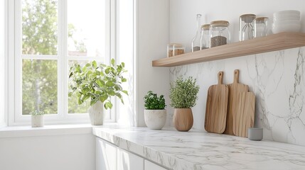 Wall Mural - modern kitchen interior with a marble countertop and wooden accessories on the counter, white cabinets, a window, and a light wood stool. Scandinavian style home decor