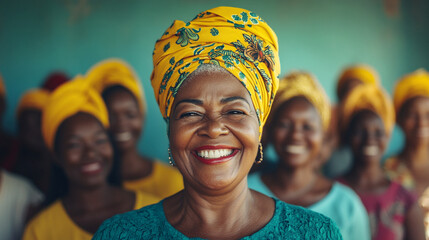 Smiling African woman with colorful headwrap surrounded by a joyful community of women, symbolizing unity and sisterhood