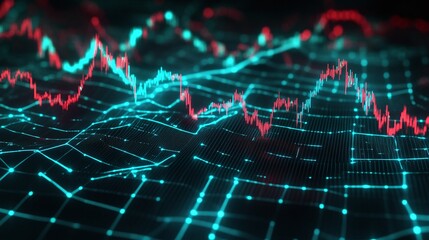 Wall Mural - Abstract digital graph with neon lines and data points on a dark background, representing financial trends and market analysis.