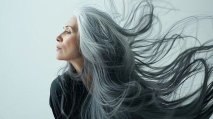 An elderly woman with long curly gray hair on a white background. A woman with long gray hair