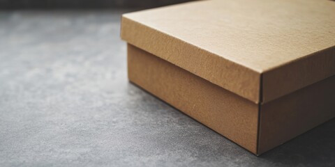 Wall Mural - a close-up of a blank cardboard box, lid slightly ajar, placed on a flat grey surface, ideal for pro