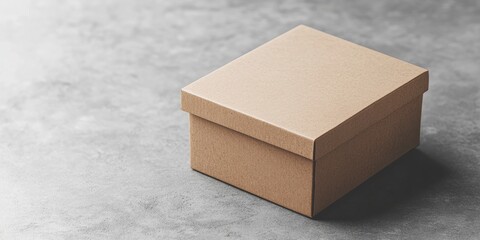 Wall Mural - a close-up of a blank cardboard box, lid slightly ajar, placed on a flat grey surface, ideal for pro