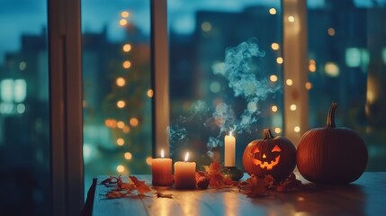 Autumn leaves, pumpkins and candles on the porch of a wooden house with Halloween decorations