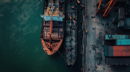 Cargo ship docked at industrial port with crane loading containers