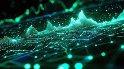 Wall Mural - Abstract digital landscape with green and blue glowing lines and nodes representing data and connectivity.