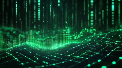 Abstract digital landscape with green binary code flow against a dark backdrop.