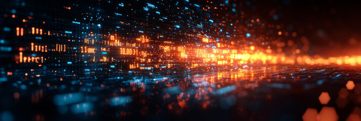 Abstract digital data flow in orange and blue.