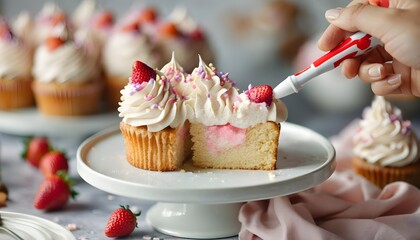 Wall Mural - Delicious Strawberry Cake Slice Elegantly Presented on a Crisp White Plate