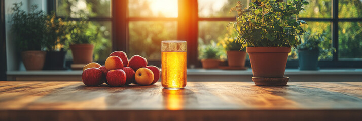 Wall Mural - Glass of cider with apples on a table by a window