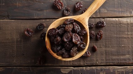 Raisin grain in wooden spoon closeup view