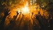 © Антон Сальников - Free-spirited men and women performing an ecstatic dance ritual in a forest, using soft warm lighting, with silhouettes as backdrops